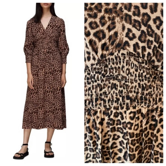 Whistles Jungle Cheetah Shirred Midi Dress leopard animal print 16891 - Picture 1 of 16